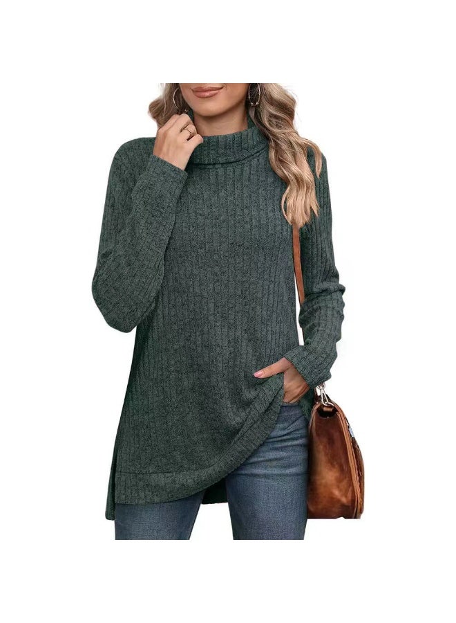 general Women's loose high-neck slit ribbed solid color T-shirt for autumn and winter 2025-2026 - Image 1