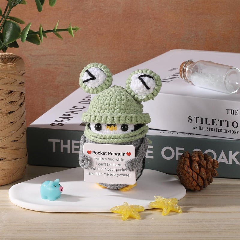 Happy Threads Terrifi Positive Pocket Penguin Doll - Emotional Support Knitted Toy with Card in Frog Hat - Image 4