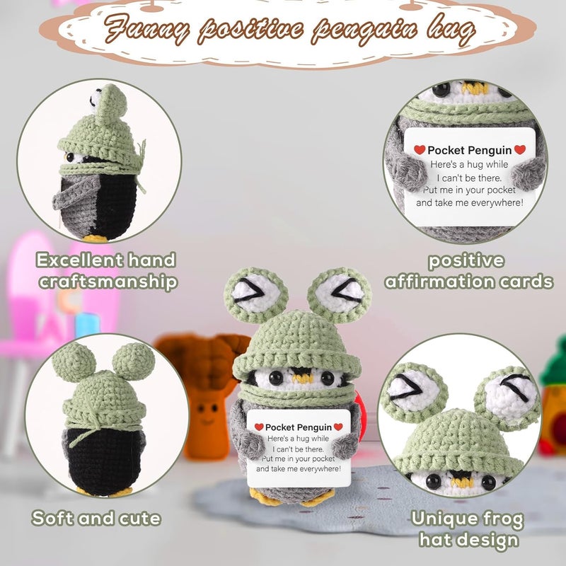 Happy Threads Terrifi Positive Pocket Penguin Doll - Emotional Support Knitted Toy with Card in Frog Hat - Image 3