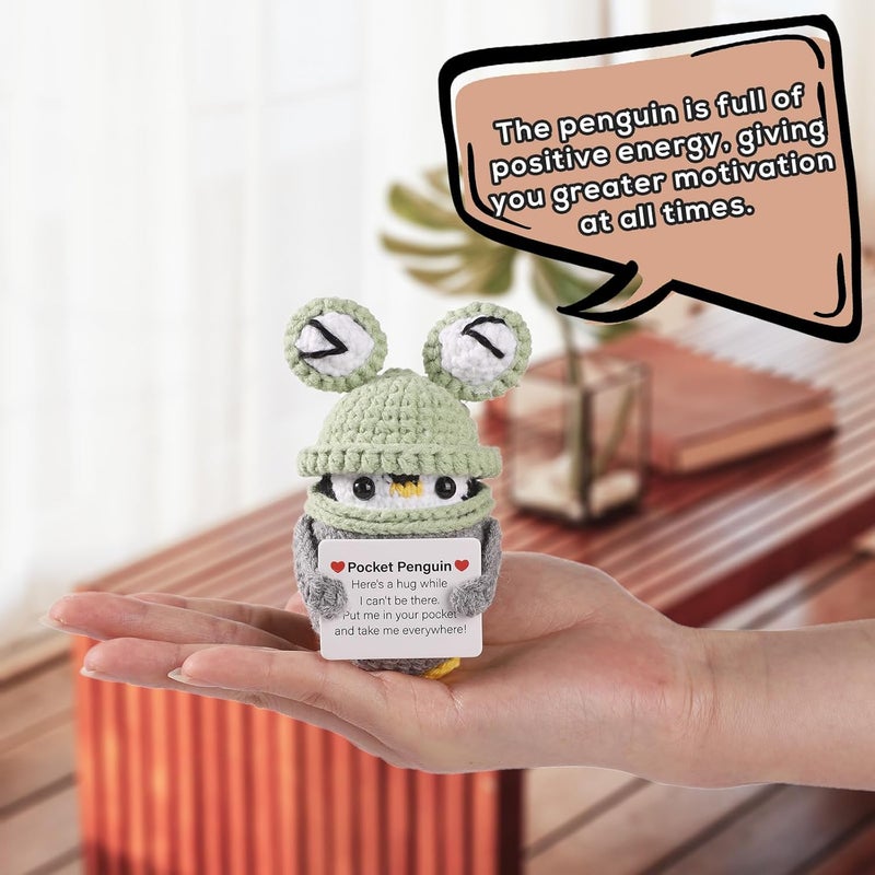Happy Threads Terrifi Positive Pocket Penguin Doll - Emotional Support Knitted Toy with Card in Frog Hat - Image 2