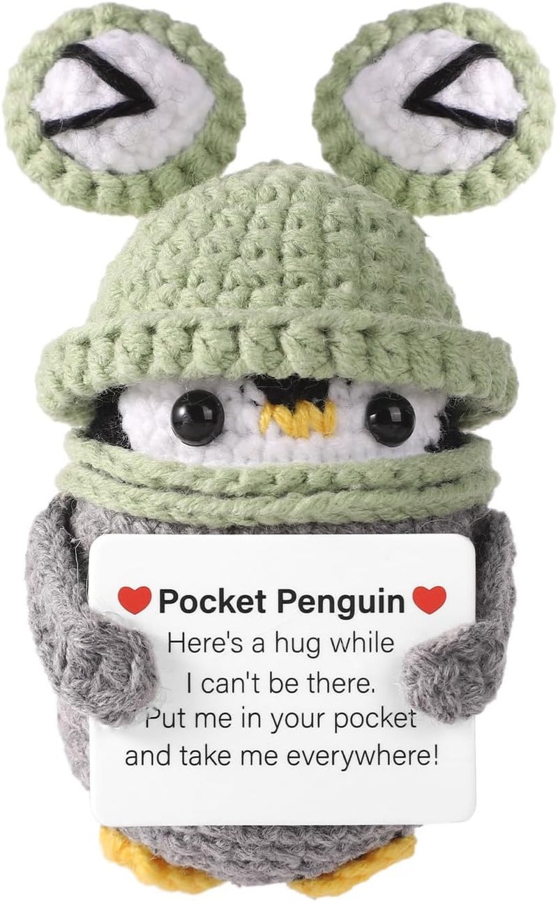 Happy Threads Terrifi Positive Pocket Penguin Doll - Emotional Support Knitted Toy with Card in Frog Hat - Image 1