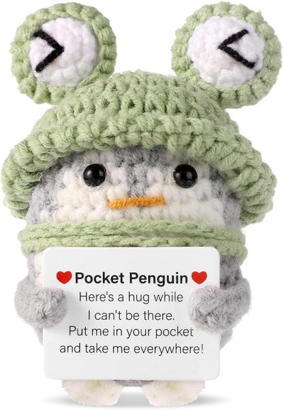 Happy Threads Pocket Penguin in Frog Hat Plush with Inspirational Message Card Handmade Crochet Emotional Support Keepsa