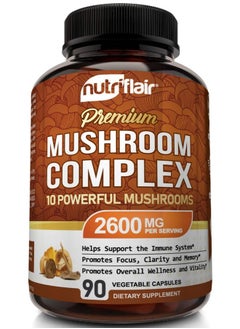 Mushroom Supplement 2600Mg 90 Capsules 10 Mushrooms Blend Reishi Lions Mane Cordyceps Chaga Turkey Tail Maitake Shiitake Oyster Nootropic Complex Brain Energy Focus Pills