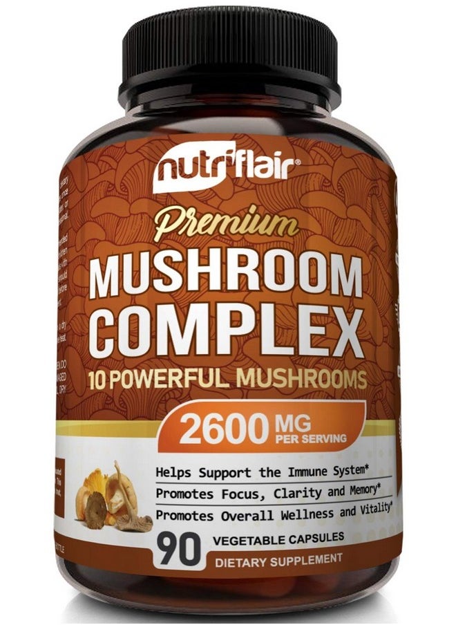 NutriFlair - Mushroom Supplement 2600Mg 90 Capsules 10 Mushrooms Blend Reishi Lions Mane Cordyceps Chaga Turkey Tail Maitake Shiitake Oyster Nootropic Complex Brain Energy Focus Pills - Image 1