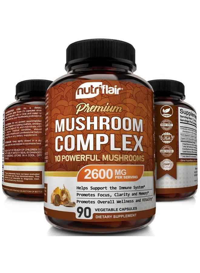 NutriFlair - Mushroom Supplement 2600Mg 90 Capsules 10 Mushrooms Blend Reishi Lions Mane Cordyceps Chaga Turkey Tail Maitake Shiitake Oyster Nootropic Complex Brain Energy Focus Pills - Image 1