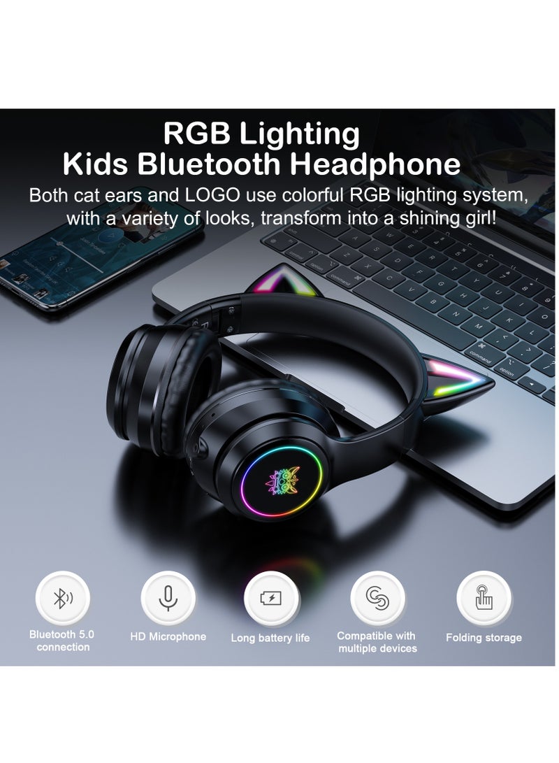 onikuma Bluetooth Wireless Gaming Headset with Mic, Bluetooth Cat Ear Headphones for Kids or Adults, RGB LED Light, for Gaming, Compatible with Mobile Phones PC Tablet - Black - Image 2