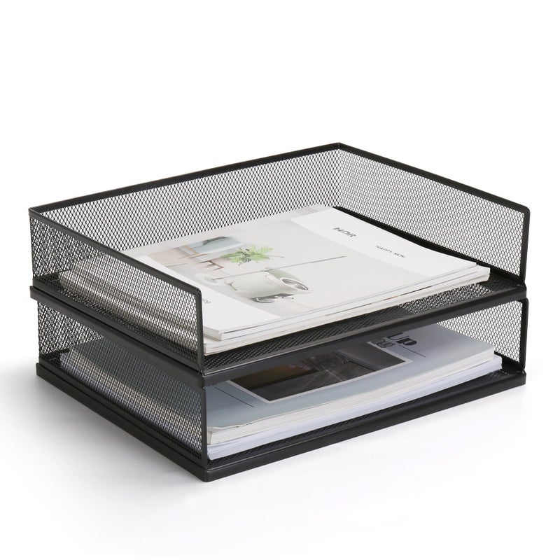 AZFUNN Wire Mesh Letter Trays Paper Tray Desk File Organizer, 2 Pack Stackable Metal Front-Load Documents Tray for Office Supplies File (Transverse) - Image 1