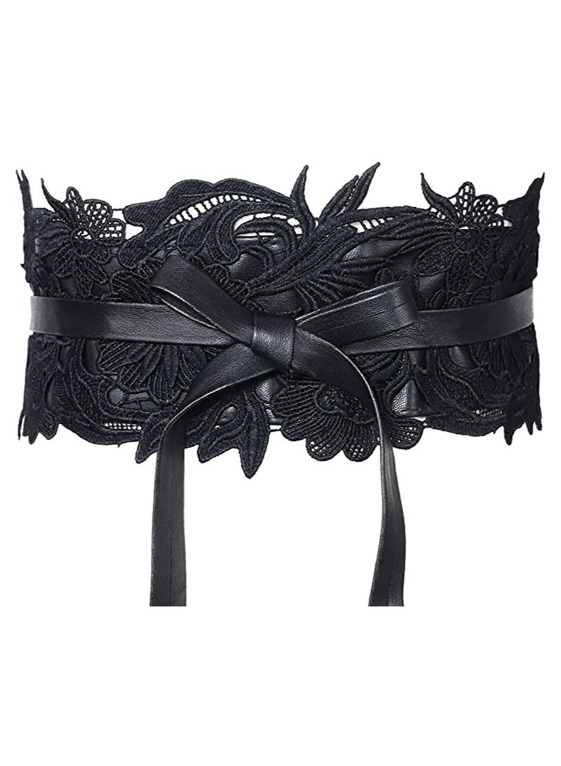 Women's Lace Waist Belt Wide Faux Leather Bow Tie Corset Belts Elastic Wrap Around Bands - Image 1