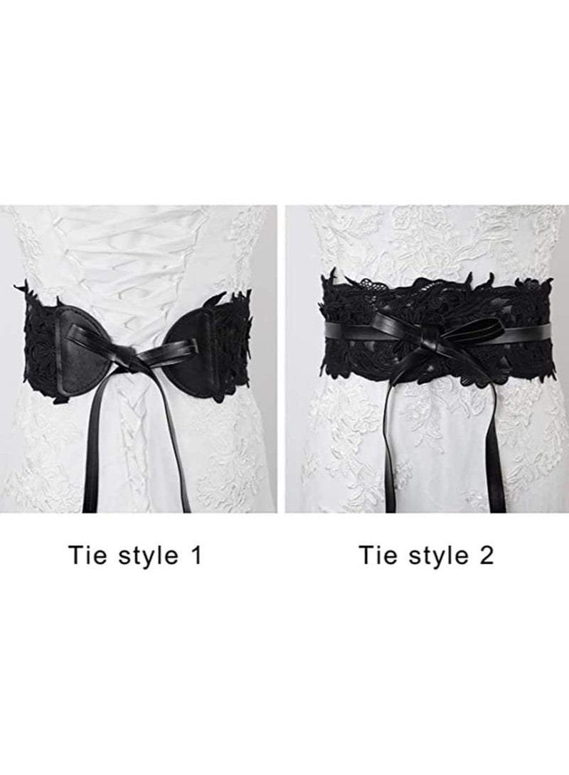 Women's Lace Waist Belt Wide Faux Leather Bow Tie Corset Belts Elastic Wrap Around Bands - Image 2