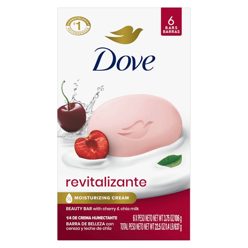 Dove Beauty Bar Soap Revitalizante Cherry & Chia Milk, for Revitalized Skin, 6 Bars A Skin Energy Boost 3.75 oz - Image 1