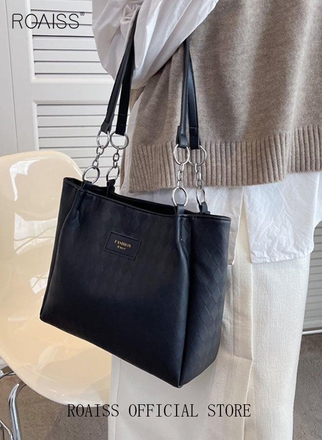 roaiss Women Leather Tote Bag Ladies Geometric & Letter Embossed Twilly Shoulder Tote Bag Women's Large Capacity Commuter Shoulder Bag  - Image 1