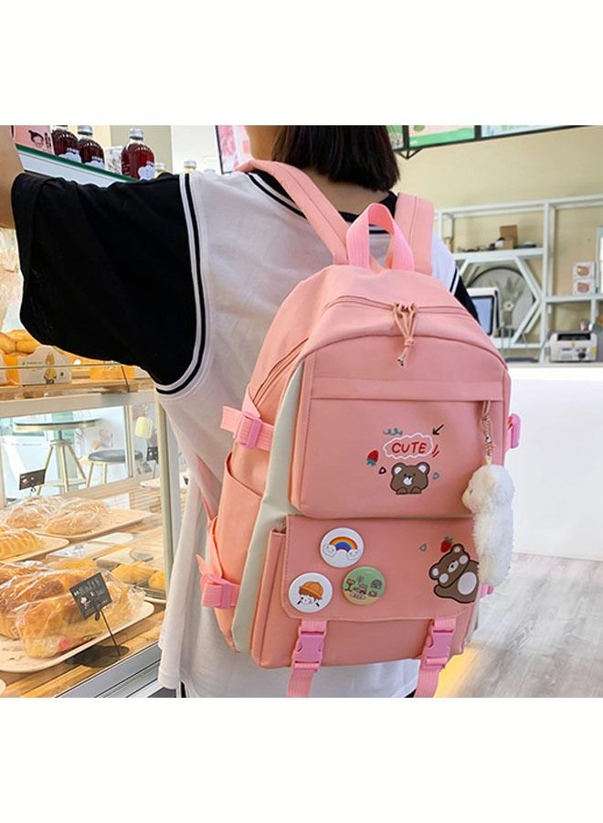 5PCS Kawaii Backpack Set with Cute Pendants and Pins Accessories Aesthetic Rucksack for Teen Girls Cute School Bags Bookbag with Shoulder Bag Pencil Box Tote Bag Small Bag Pink - Image 2