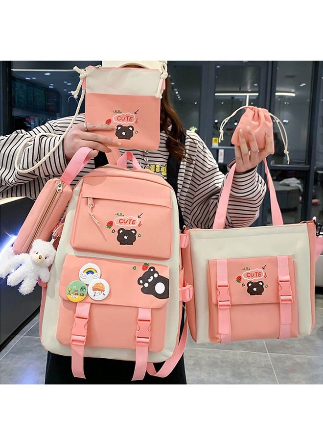5PCS Kawaii Backpack Set with Cute Pendants and Pins Accessories Aesthetic Rucksack for Teen Girls Cute School Bags Bookbag with Shoulder Bag Pencil Box Tote Bag Small Bag Pink - Image 4