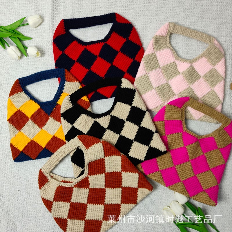 Versatile Knitted Bag Woven Bag Rhombus Wool Bag Woolen Crochet Bag Handbag Hand Bag Bag For Women - Image 4