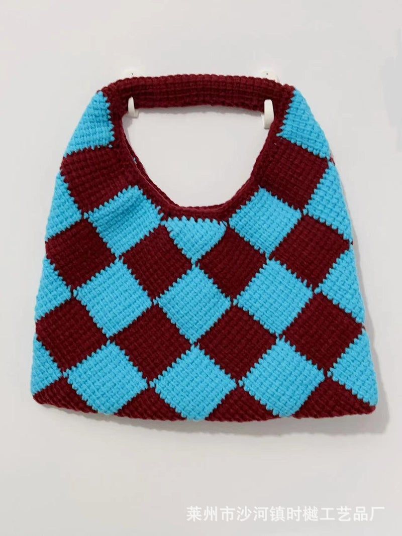 Versatile Knitted Bag Woven Bag Rhombus Wool Bag Woolen Crochet Bag Handbag Hand Bag Bag For Women - Image 1