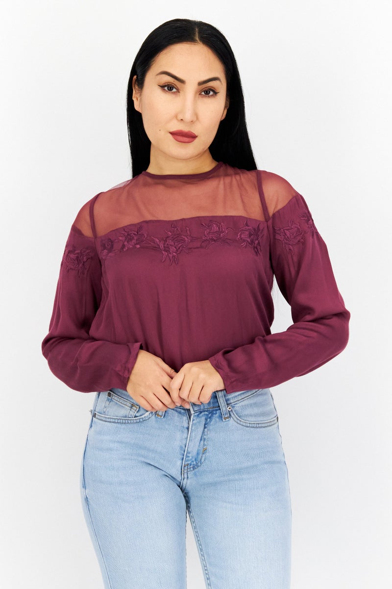 RIVER ISLAND Women Embroidered Long Sleeve Bodysuits, Dark Purple - Image 1