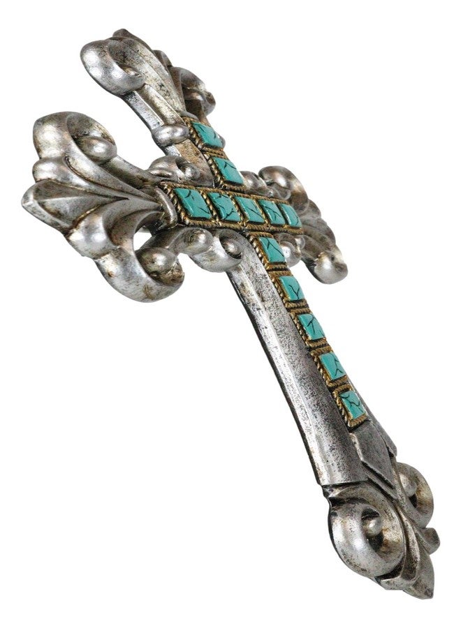 Ebros Gift Rustic Southwestern Silver Tuscan Fleur De Lis Scrollwork With Turquoise Rocks Wall Cross Decor Plaque 12.75" Tall French Royalty Accent Christian Catholic Decorative Crosses - Image 4