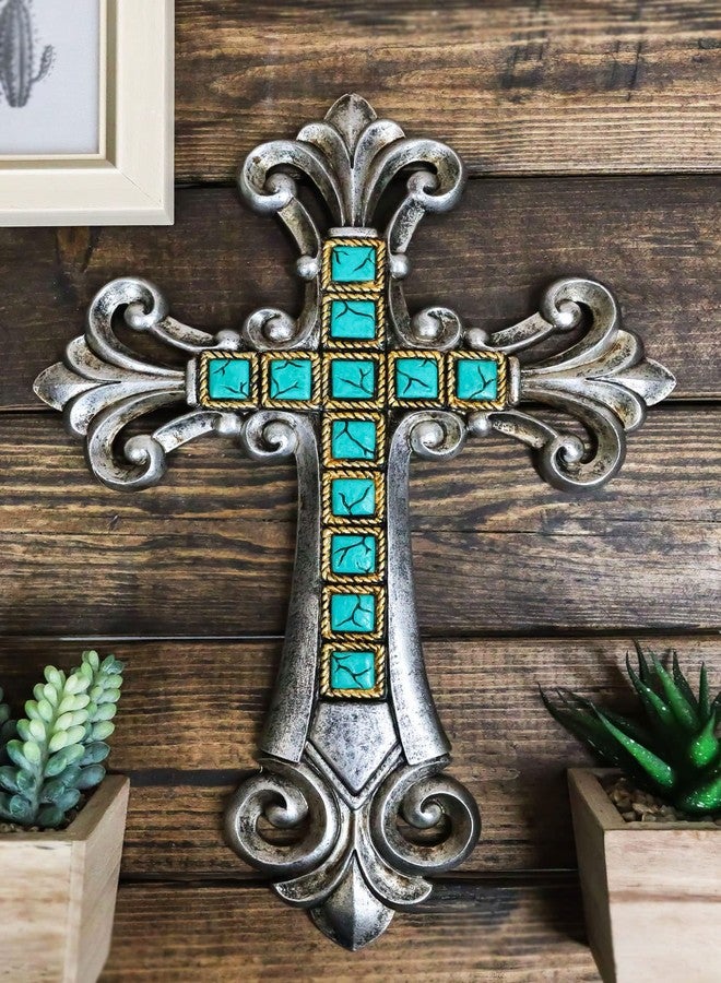 Ebros Gift Rustic Southwestern Silver Tuscan Fleur De Lis Scrollwork With Turquoise Rocks Wall Cross Decor Plaque 12.75" Tall French Royalty Accent Christian Catholic Decorative Crosses - Image 3