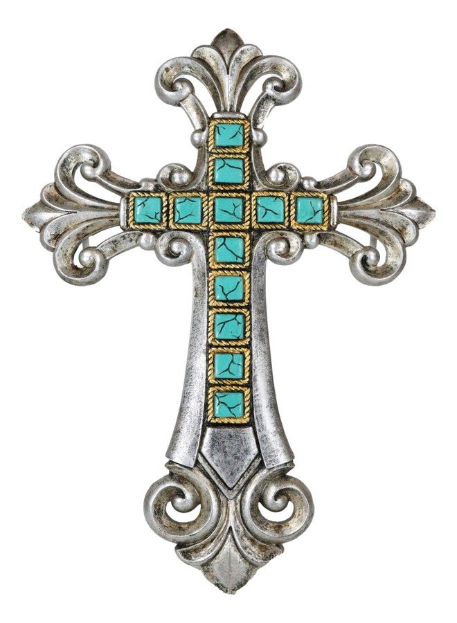 Ebros Gift Rustic Southwestern Silver Tuscan Fleur De Lis Scrollwork With Turquoise Rocks Wall Cross Decor Plaque 12.75" Tall French Royalty Accent Christian Catholic Decorative Crosses - Image 1