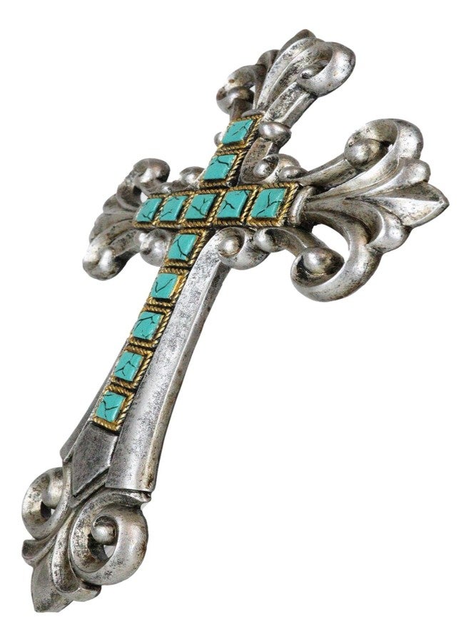Ebros Gift Rustic Southwestern Silver Tuscan Fleur De Lis Scrollwork With Turquoise Rocks Wall Cross Decor Plaque 12.75" Tall French Royalty Accent Christian Catholic Decorative Crosses - Image 5