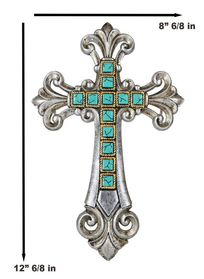 Ebros Gift Rustic Southwestern Silver Tuscan Fleur De Lis Scrollwork With Turquoise Rocks Wall Cross Decor Plaque 12.75" Tall French Royalty Accent Christian Catholic Decorative Crosses - Image 2