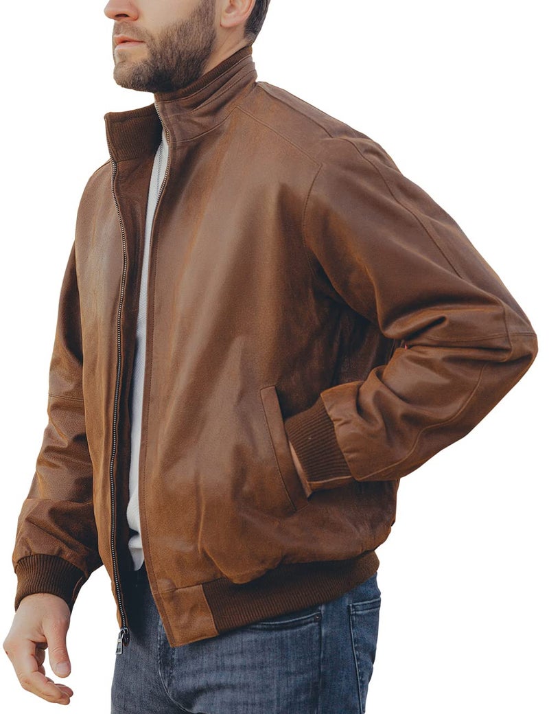 FLAVOR Mens Moto Real Leather Classic Jacket with Stand Collar Brown m