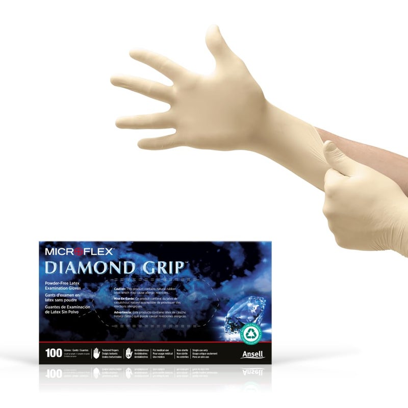 Ansell MICROFLEX Diamond Grip MF-300 Disposable Latex Gloves for Automotive, Healthcare, Machinery Industries - Large, Natural (Box of 100) - Image 1