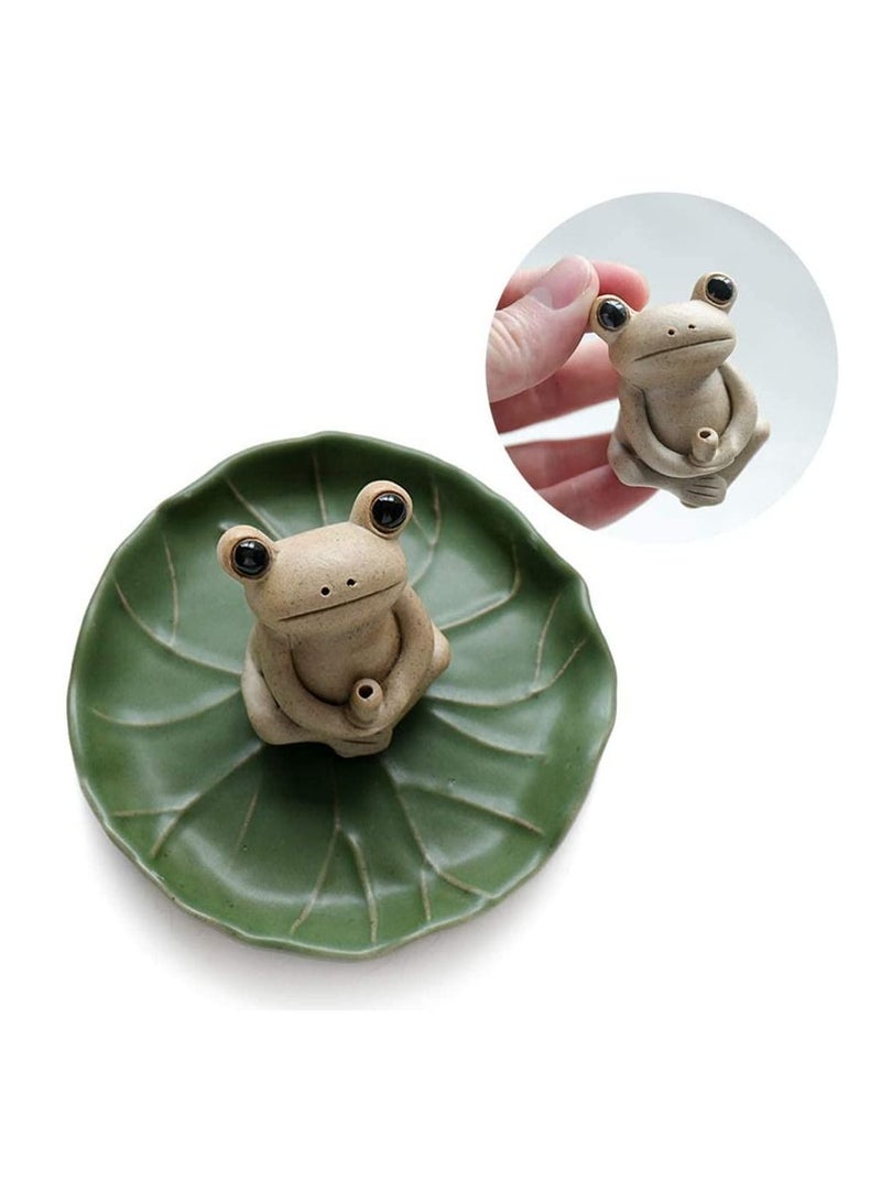 Excefore 100% Handmade Ceramic Stick Incense Burner Holder,Small Frog Incense,Lotus Leaf Tray,Mini Cu te Animal Statue Home Incense Burner  - Image 4