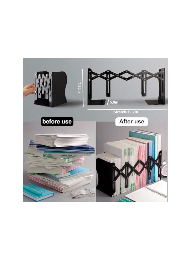 The Bros Adjustable Bookend, Expandable Bookend Stand, Metal Iron Black Bookends, Desktop Book Stand Non Skid Desk Organizer for Office Desk, Shelf, Stationery, Extends Up to 48 cm - Image 5