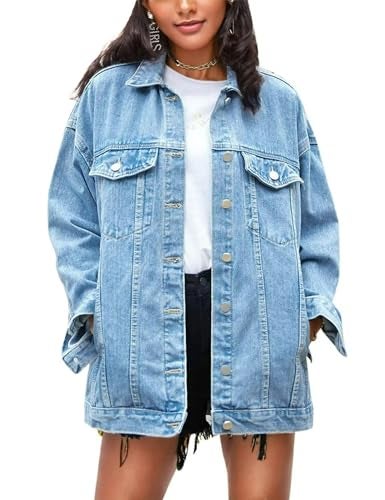 Omoone Women's Oversized Mid Long Denim Jacket Jean Biker Coat (Denim BlueX1, X-Small) - Image 1