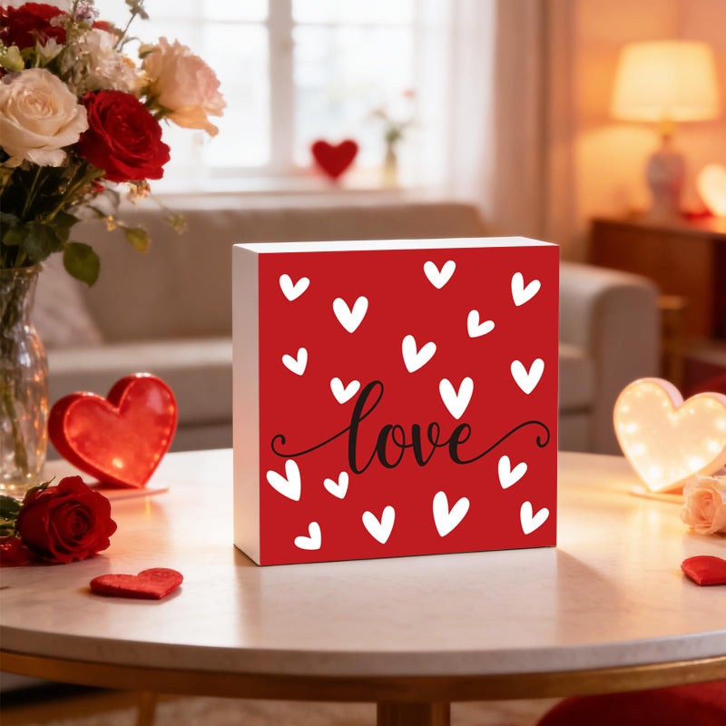 YUNKKIN Valentines Day Table Decor Valentines Day Decorations Indoor Hearts Love Home Room Office Bathroom Wood Box Sign Rustic Wooden Shelf Desk Decor Season Sign House Warming Gifts 5.9 x 5.9 Inch - Image 4