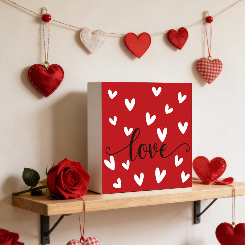 YUNKKIN Valentines Day Table Decor Valentines Day Decorations Indoor Hearts Love Home Room Office Bathroom Wood Box Sign Rustic Wooden Shelf Desk Decor Season Sign House Warming Gifts 5.9 x 5.9 Inch - Image 5