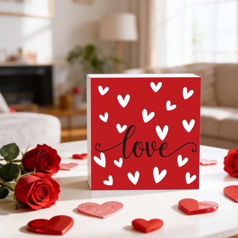 YUNKKIN Valentines Day Table Decor Valentines Day Decorations Indoor Hearts Love Home Room Office Bathroom Wood Box Sign Rustic Wooden Shelf Desk Decor Season Sign House Warming Gifts 5.9 x 5.9 Inch - Image 3