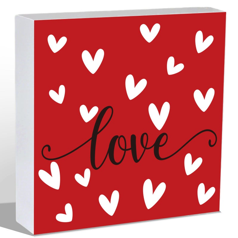 YUNKKIN Valentines Day Table Decor Valentines Day Decorations Indoor Hearts Love Home Room Office Bathroom Wood Box Sign Rustic Wooden Shelf Desk Decor Season Sign House Warming Gifts 5.9 x 5.9 Inch - Image 1