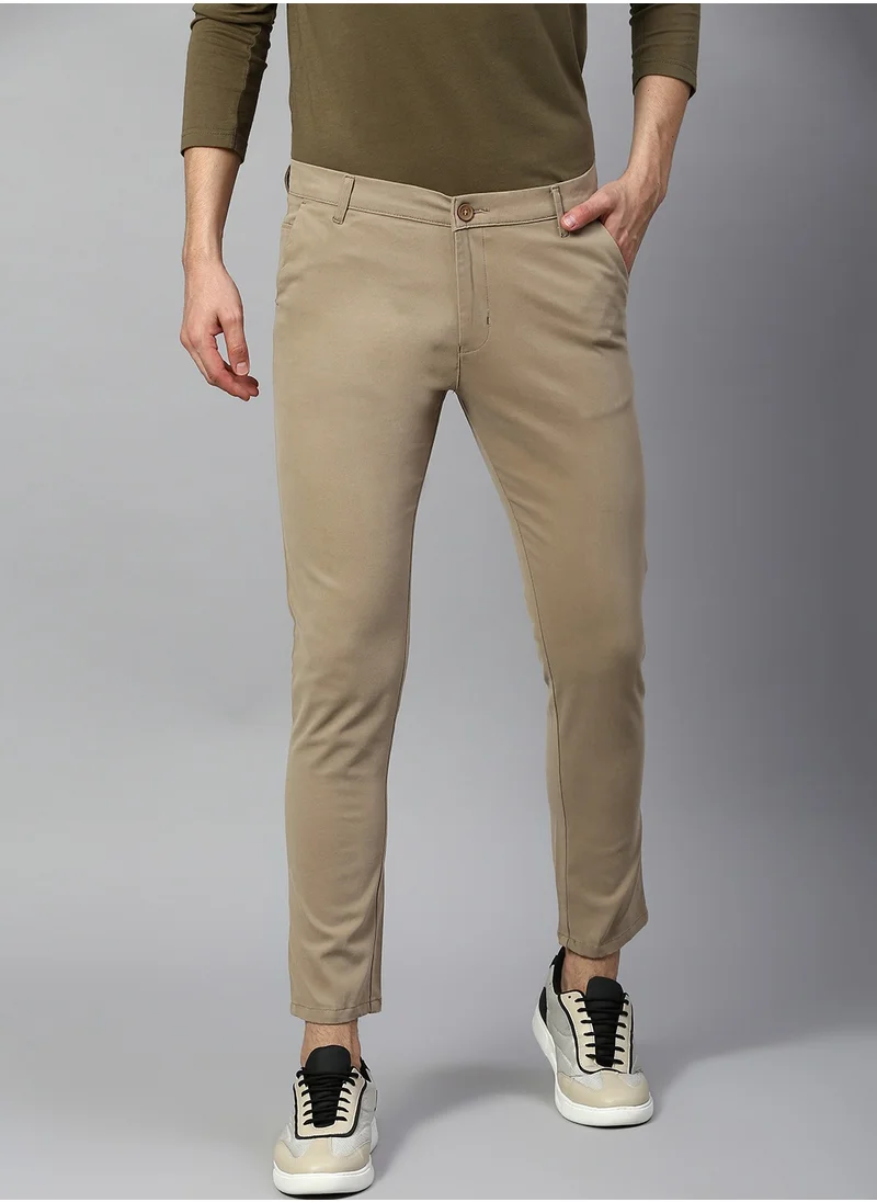 دينيس لينغو Men's Tapered Fit Walnut Cotton Chinos - Mid-Rise, Full Length, Button & Zip Closure