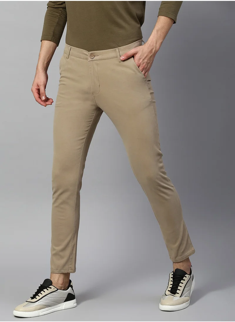 دينيس لينغو Men's Tapered Fit Walnut Cotton Chinos - Mid-Rise, Full Length, Button & Zip Closure