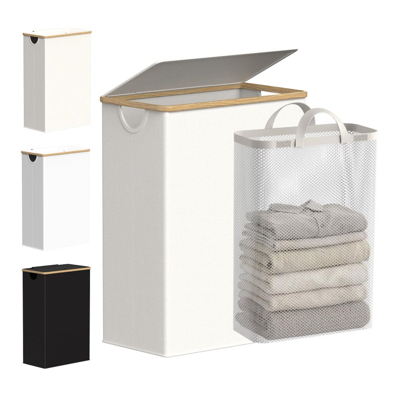efluky 26 Gal Laundry Basket with Lid and Net Bag, Tall Laundry Hamper with Bamboo Handles, Aesthetic Dirty Clothes Bin for Laundry Room, Bathroom, Bedroom and Dorm, Green - Image 1