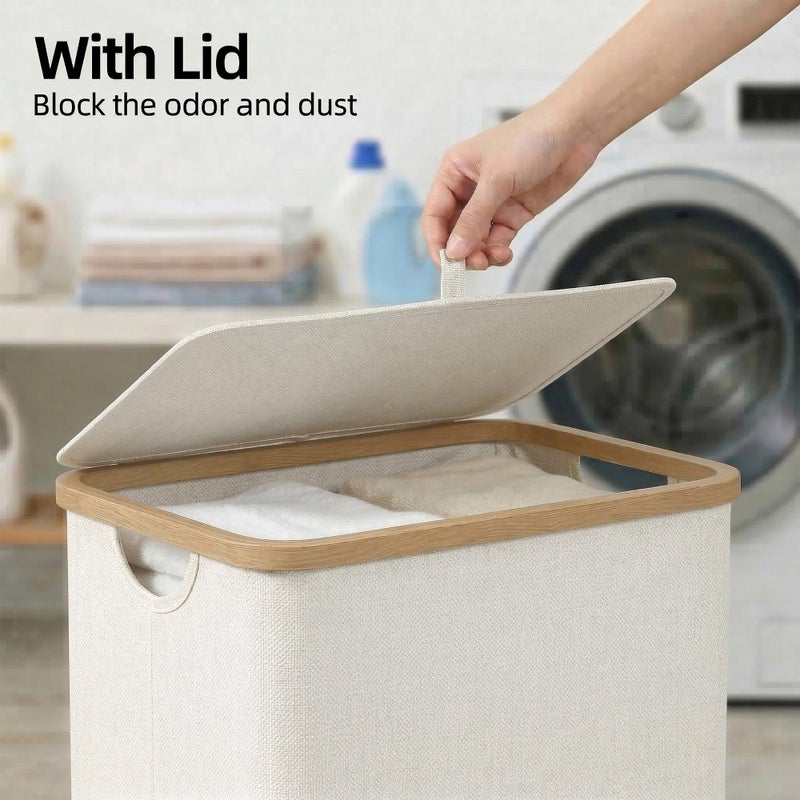 efluky 26 Gal Laundry Basket with Lid and Net Bag, Tall Laundry Hamper with Bamboo Handles, Aesthetic Dirty Clothes Bin for Laundry Room, Bathroom, Bedroom and Dorm, Green - Image 2
