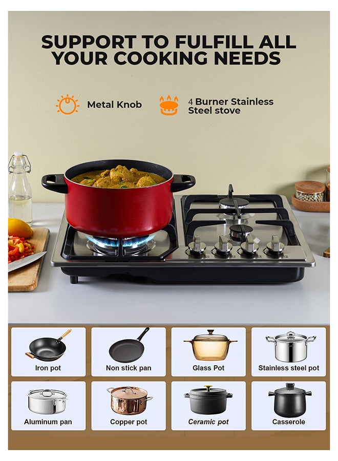 GEEPAS Built-In Stainless Steel Gas Hob, 4 Burners with Separate Ignition, Low Fuel Consumption and Improved Flow for Efficient Heating/ Auto Impulse Ignition System GGC31051FFD Silver - Image 4