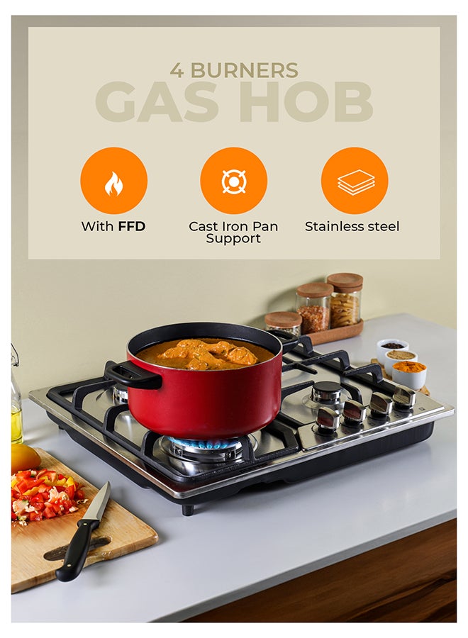 GEEPAS Built-In Stainless Steel Gas Hob, 4 Burners with Separate Ignition, Low Fuel Consumption and Improved Flow for Efficient Heating/ Auto Impulse Ignition System GGC31051FFD Silver - Image 2