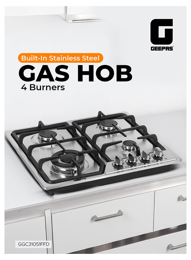 GEEPAS Built-In Stainless Steel Gas Hob, 4 Burners with Separate Ignition, Low Fuel Consumption and Improved Flow for Efficient Heating/ Auto Impulse Ignition System GGC31051FFD Silver - Image 1