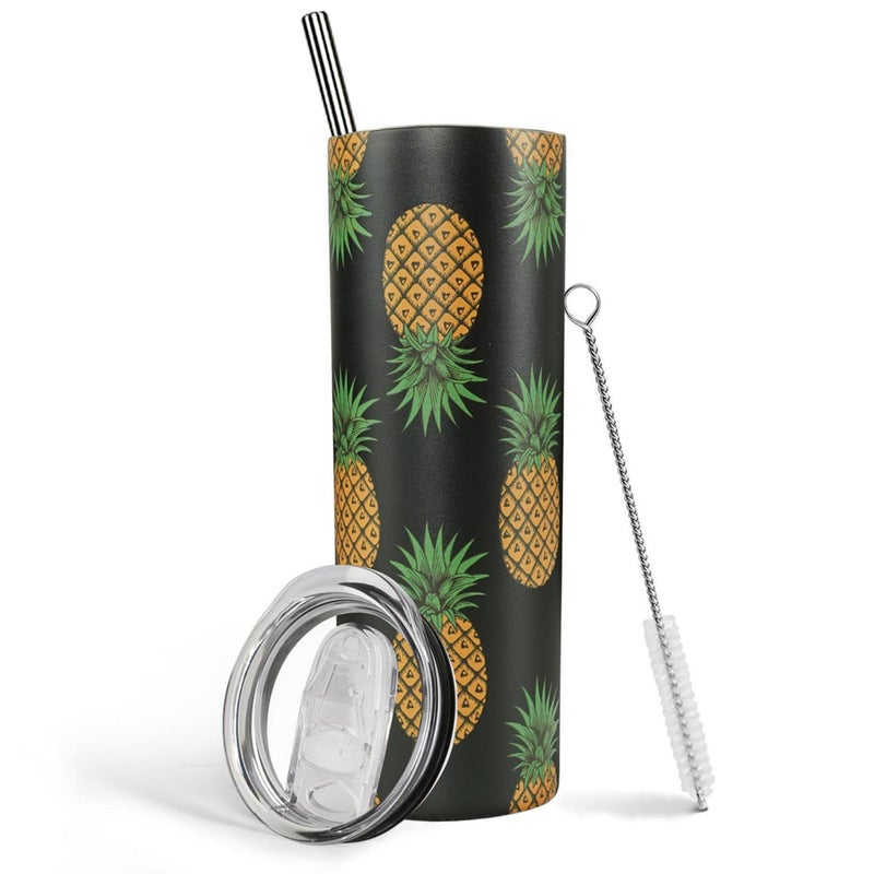 Heqianco Pineapple GiftsFor Women Pineapple Cup With Lid and Straw 20oz Stainless Steel Skinny TumblerInsulated Water Bottle Travel Coffee Mug