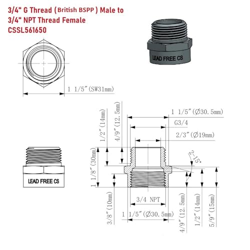 Cascada Showers G Thread (British BSPP) Male to NPT Thread Female Pipe Fitting Adapter - Lead-Free Adapter (3/4 inch) - Image 2