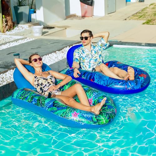FindUWill Pool Floats Chairs Adult - 2 Pack 65'' x 42'' Large Pool Float Chairs, Inflatable Pool Lounger with Cup Phone Holder, Backrest, Footrest, Tanning Pool Lounge (Blue&Green) - Image 3
