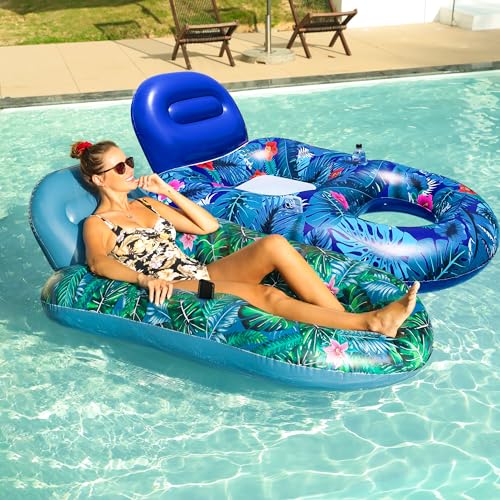 FindUWill Pool Floats Chairs Adult - 2 Pack 65'' x 42'' Large Pool Float Chairs, Inflatable Pool Lounger with Cup Phone Holder, Backrest, Footrest, Tanning Pool Lounge (Blue&Green) - Image 1