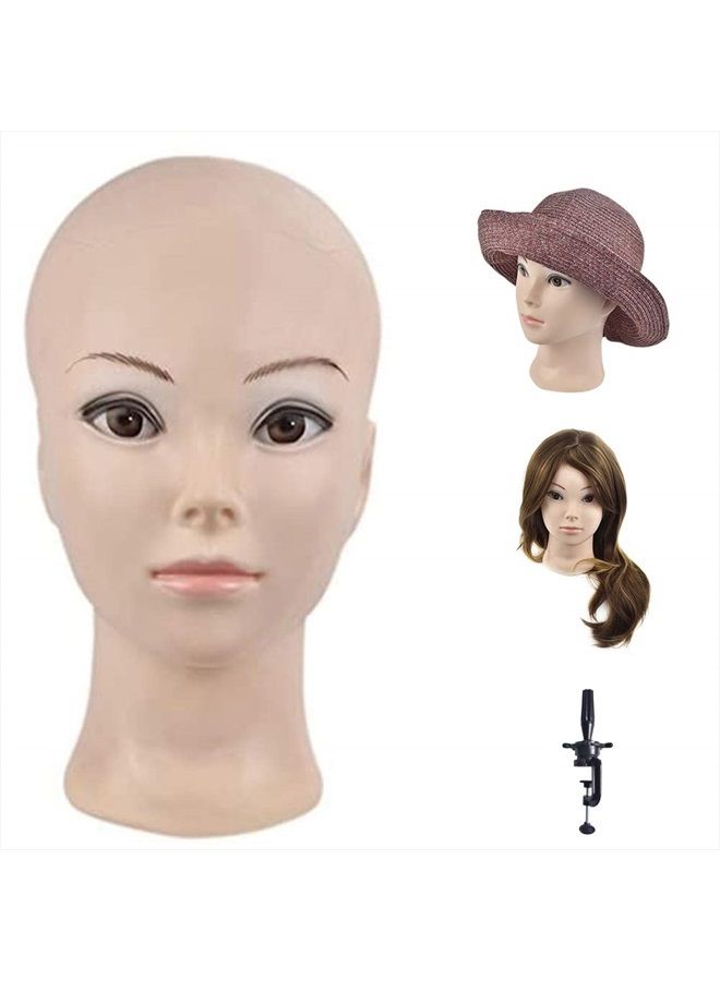 Ba Sha Bald Mannequin Head Beige Female Professional Cosmetology Manikin Doll head for Wigs Making Wig Display Hat Display Glasses Display with Free Clamp - Image 1