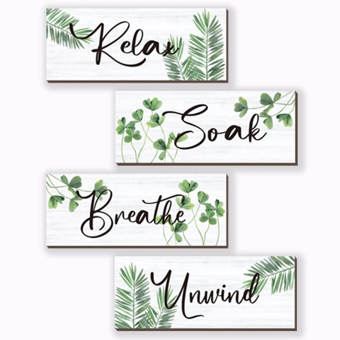 4 PCS FARMHOUSE BATHROOM WALL DECORS RELAX SOAK UNWIND BREATHE WOODEN WORD SIGN GREEN HANGING WALL ART RUSTIC OFFICE WALL DECOR FOR BEDROOM LIVING ROOM VINTAGE DECORATIONSGREEN LEAVES 10X4 INCH