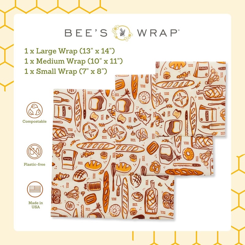 Bee's Wrap Beeswax Wraps for Food - Made in USA Reusable & Organic Food Wraps, Sandwich Wrap & Bowl Covers - Eco-Friendly Alternative to Aluminum Foil & Plastic Wrap, Bakery Lane 3 Pack (S, M, L) - Image 3