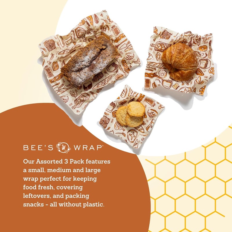 Bee's Wrap Beeswax Wraps for Food - Made in USA Reusable & Organic Food Wraps, Sandwich Wrap & Bowl Covers - Eco-Friendly Alternative to Aluminum Foil & Plastic Wrap, Bakery Lane 3 Pack (S, M, L) - Image 5