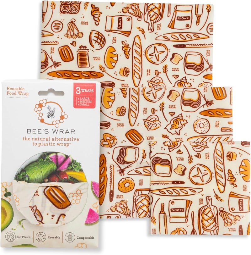 Bee's Wrap Beeswax Wraps for Food - Made in USA Reusable & Organic Food Wraps, Sandwich Wrap & Bowl Covers - Eco-Friendly Alternative to Aluminum Foil & Plastic Wrap, Bakery Lane 3 Pack (S, M, L) - Image 1